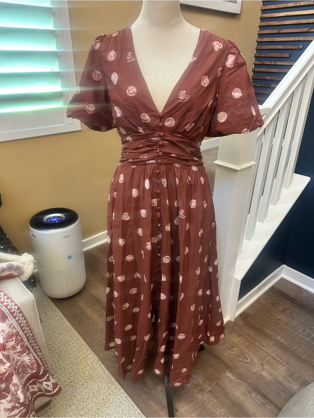 Anthropologie Rust Midi Dress with Light Pink Polka Dots